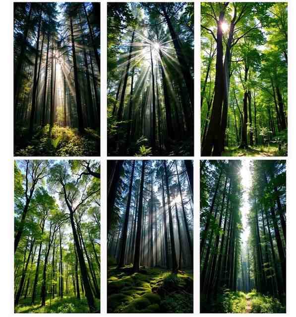 A forest with sunlight streaming through tall trees – Free Wallpaper Download