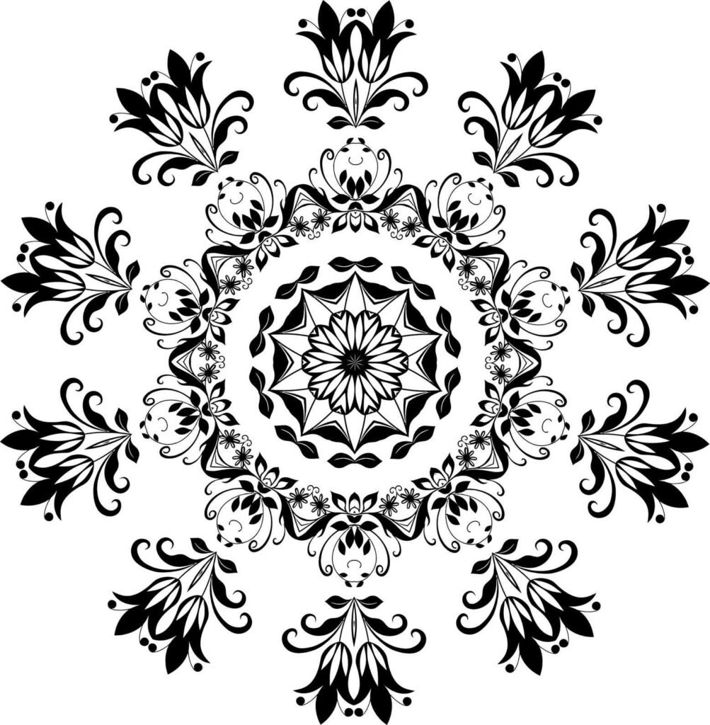 A black-and-white mandala design featuring intricate baroque-style floral patterns, symmetrical swirls, and ornate details, perfect for artistic coloring and creative expression