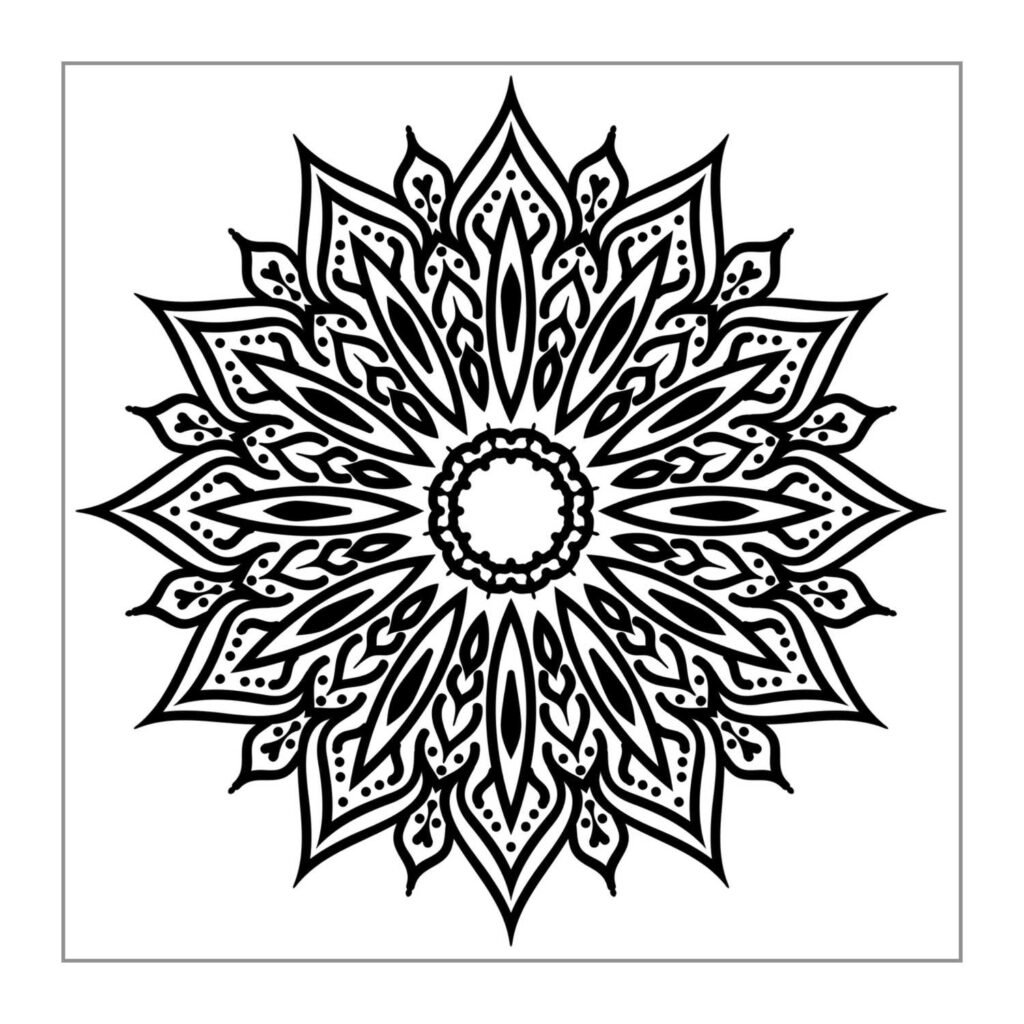 A black-and-white mandala design featuring intricate sunflower-inspired patterns, symmetrical swirls, and delicate details, perfect for mindful coloring and artistic exploration