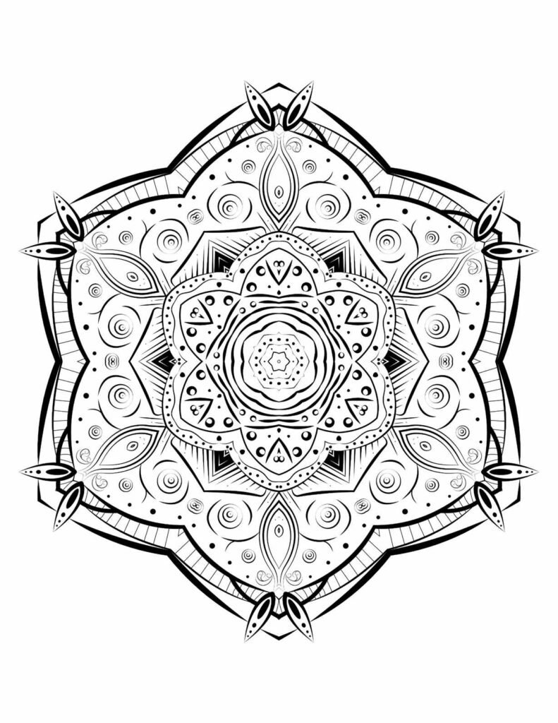 A black-and-white mandala design featuring intricate lotus-inspired patterns, symmetrical swirls, and delicate petals, perfect for mindful coloring and meditation.