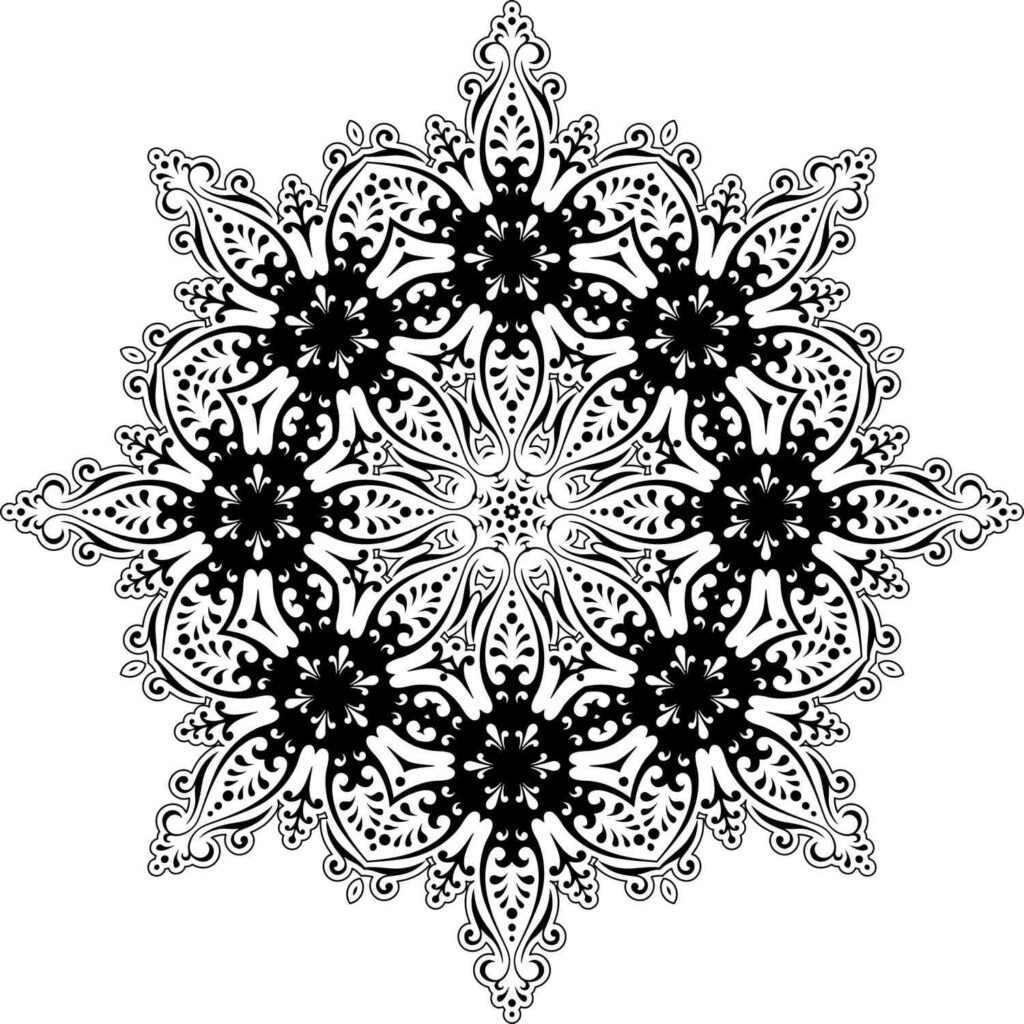 A black-and-white mandala design featuring intricate floral patterns, symmetrical swirls, and delicate details, perfect for mindful coloring and artistic exploration