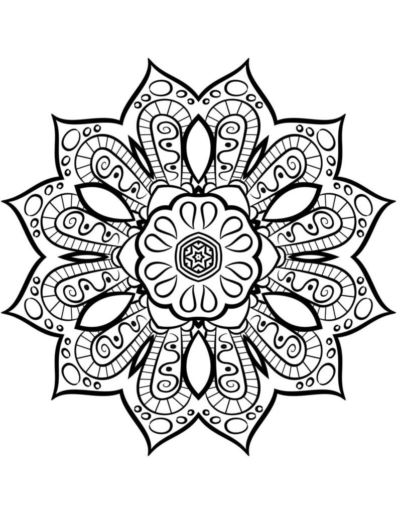 A black-and-white mandala design featuring intricate floral patterns, symmetrical swirls, and delicate details, perfect for mindful coloring and artistic inspiration