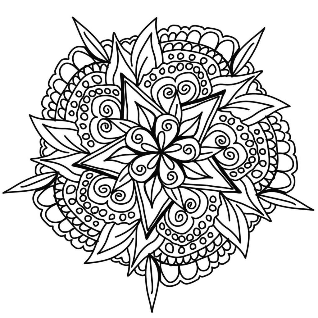 A black-and-white mandala design featuring intricate floral patterns, symmetrical swirls, and delicate details, perfect for mindful coloring and artistic inspiration