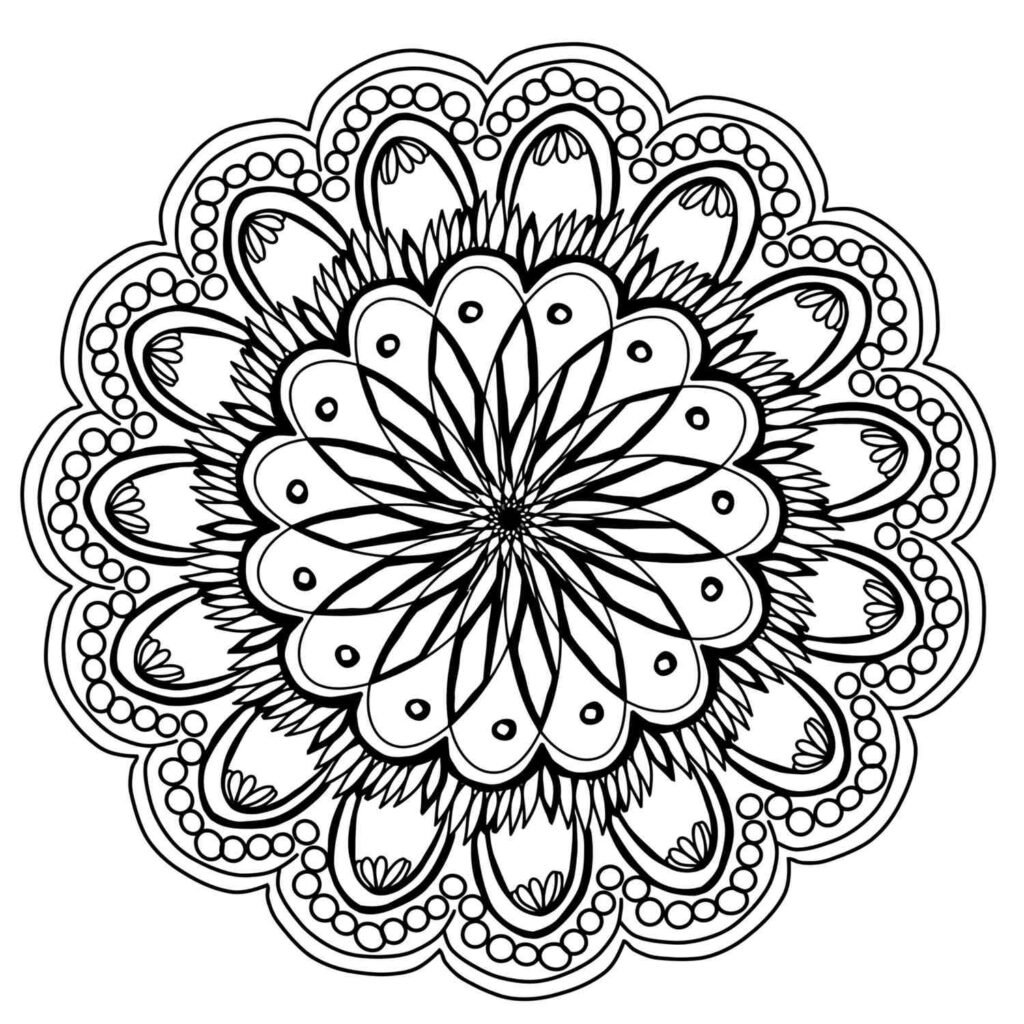 A black-and-white mandala design featuring intricate floral patterns, symmetrical swirls, and delicate details, perfect for mindful coloring and artistic inspiration