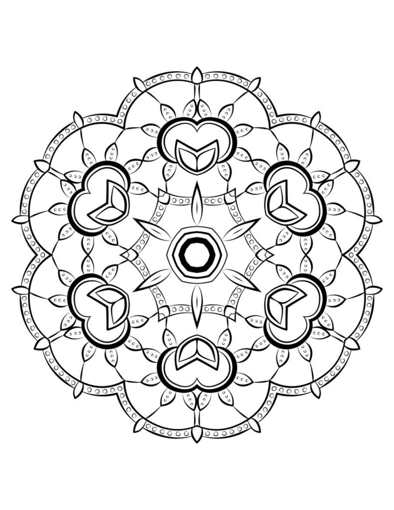 A black-and-white mandala design featuring intricate geometric patterns, symmetrical swirls, and delicate details, perfect for mindful coloring and artistic inspiration