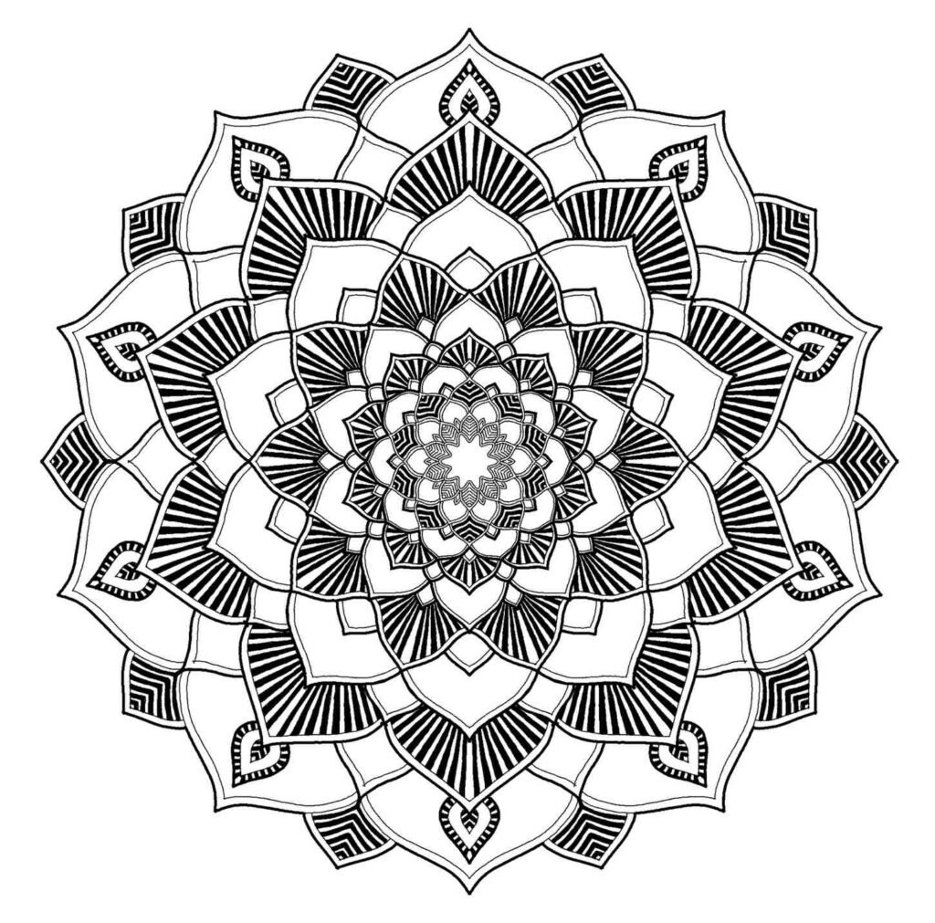 A black-and-white mandala design featuring intricate geometric patterns, symmetrical swirls, and delicate details, perfect for mindful coloring and artistic inspiration