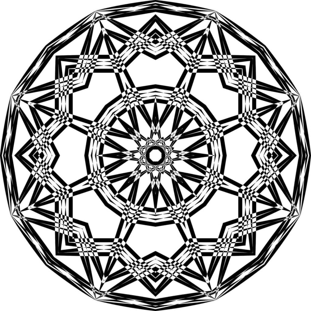 A black-and-white mandala design featuring bold geometric shapes, intricate patterns, and optical illusions, perfect for creative coloring and visual exploration