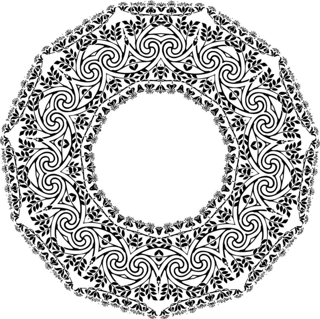 Detailed symmetrical mandala border with flowing vine patterns and leaves, intricate Celtic knot style design, printable frame
