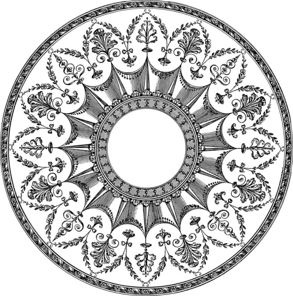 Symmetrical circular mandala with classical floral motifs, intricate scrolls, and central open space for personalized art