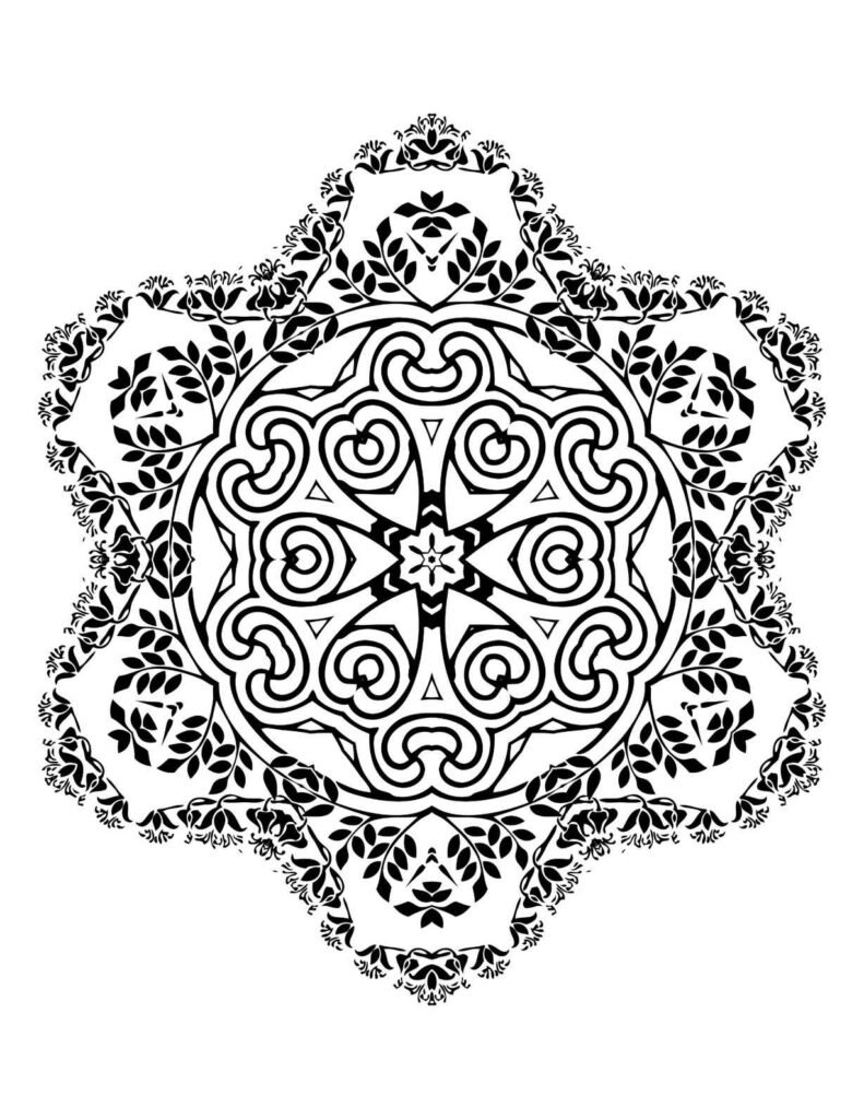 Symmetrical mandala with heart shapes, flowing vines, and intricate leafy patterns, black and white design for artistic coloring