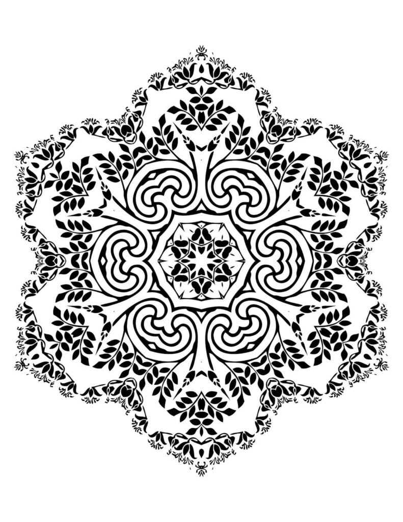 Symmetrical botanical mandala with dense leafy patterns and elegant swirls, intricate nature-inspired adult coloring page