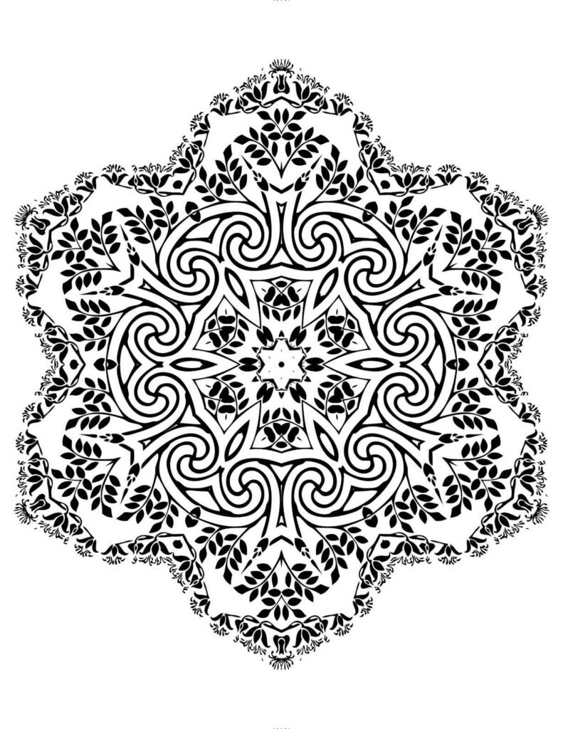 Symmetrical mandala with abundant leaves, flowing vines, and floral elements, nature-inspired intricate design for mindful coloring