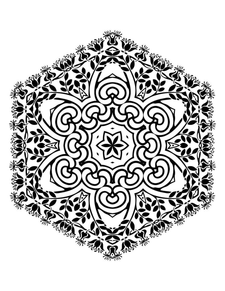 Symmetrical botanical mandala with elegant floral and leaf patterns, intricate black and white design for adult coloring