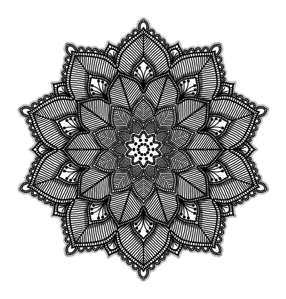A black-and-white mandala featuring an intricate lace-like design with layered geometric patterns, delicate floral motifs, and symmetrical details.