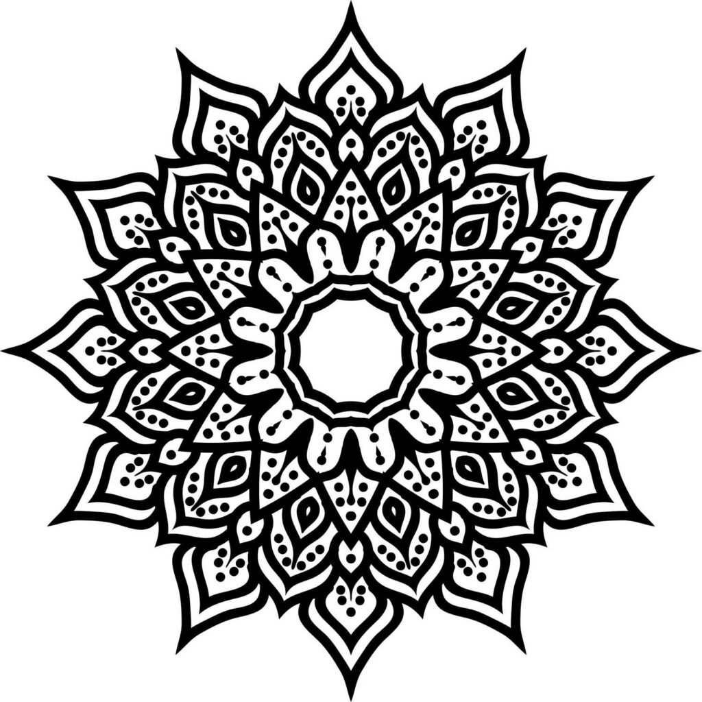 Symmetrical tribal-style mandala with strong petal shapes, dot patterns, and central open space for meditative coloring