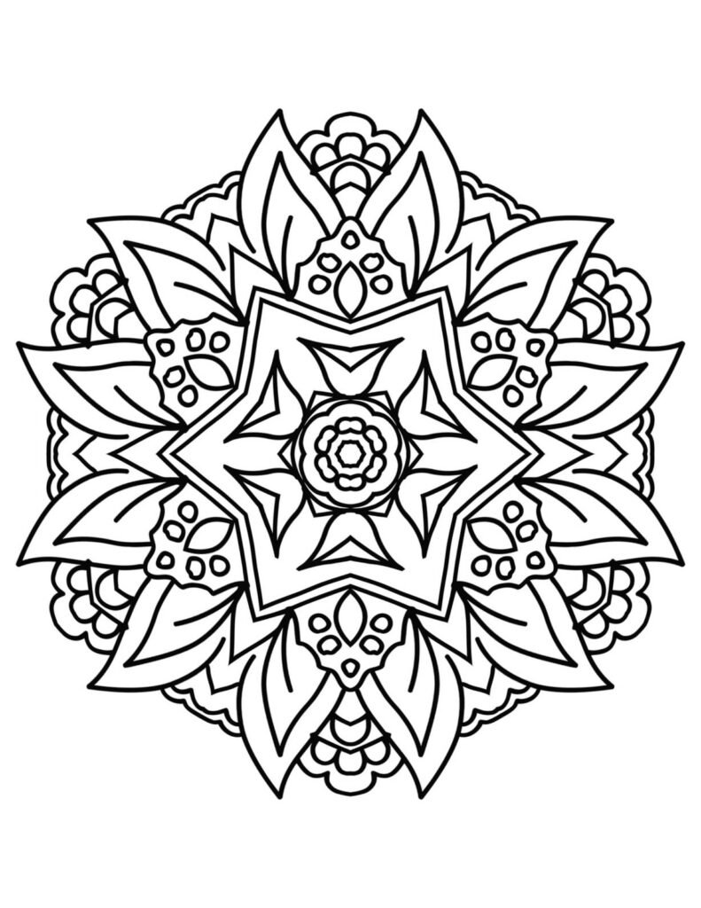Symmetrical flower mandala with bold outlines and simple petal shapes, easy adult coloring page download