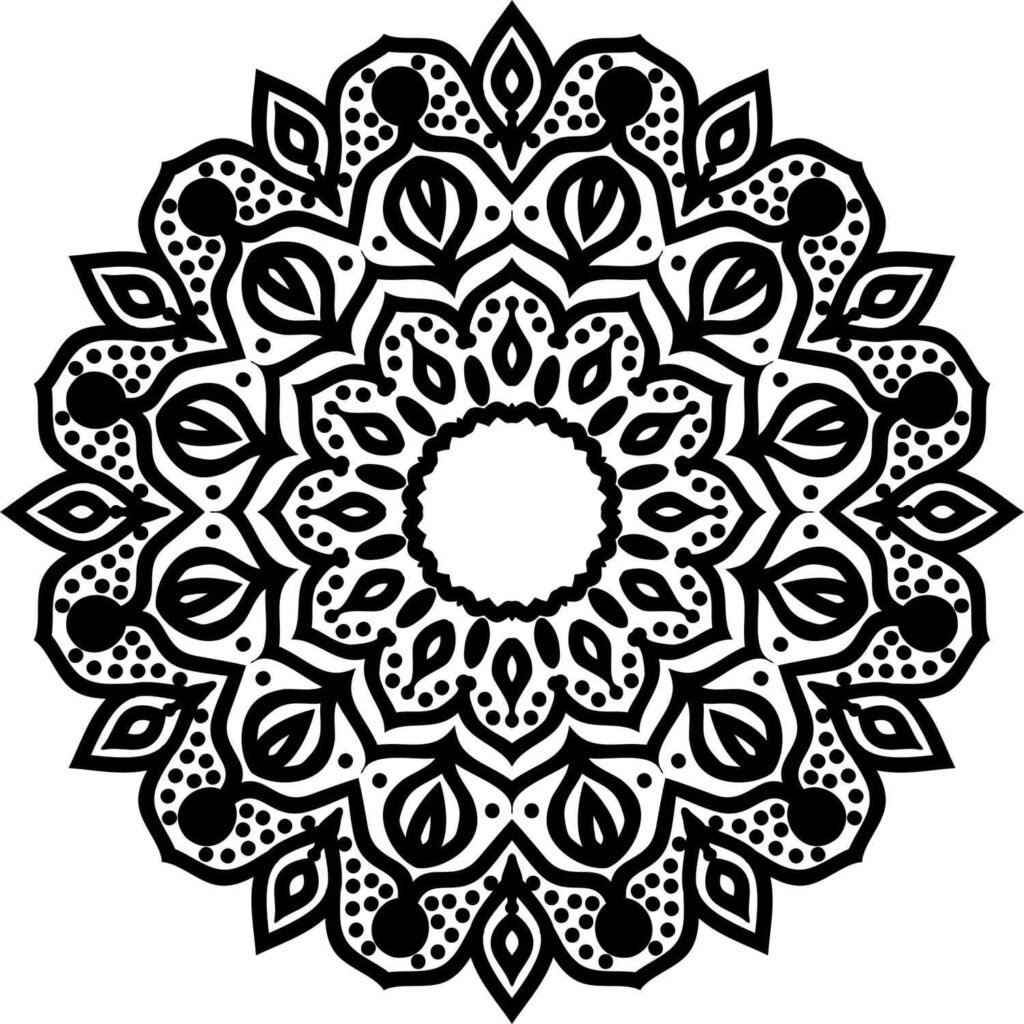 Intricate dotwork and leafy symmetrical mandala, complex floral design for mindful coloring, printable download