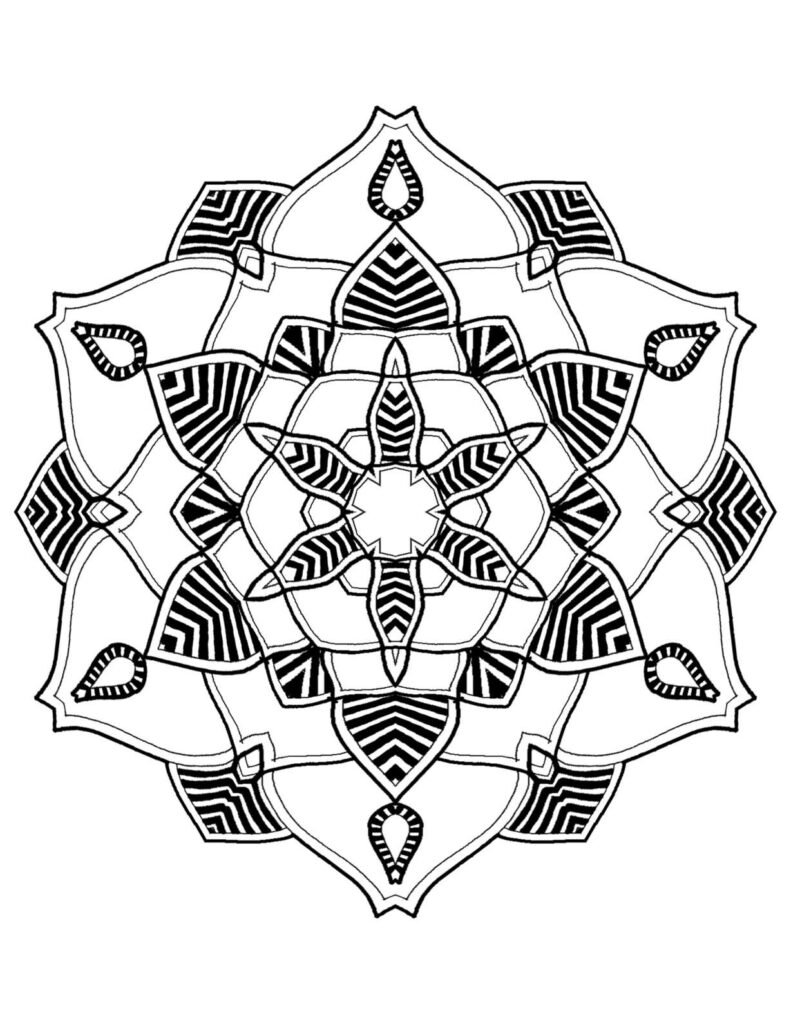 Complex symmetrical mandala with chevron patterns, teardrop shapes, and radiating petals, printable for advanced coloring