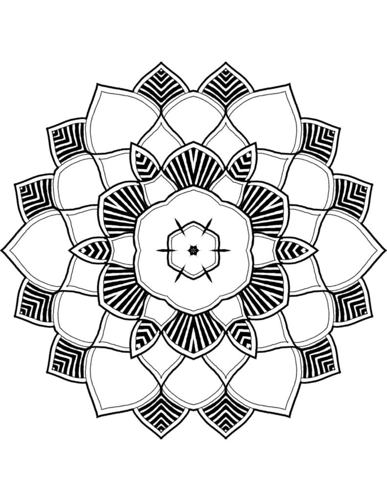 Easy symmetrical flower mandala with patterned and plain petals, black and white outline for stress relief