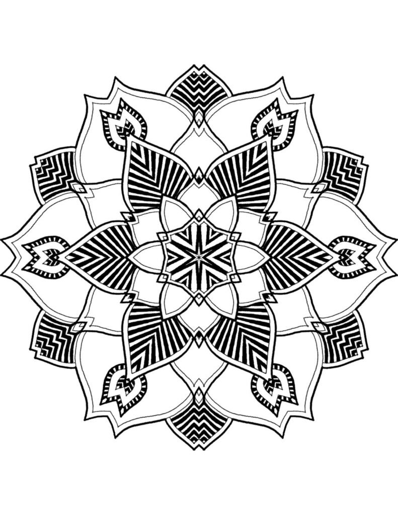 Symmetrical flower mandala with repeating patterns and intricate details, black and white printable for relaxation