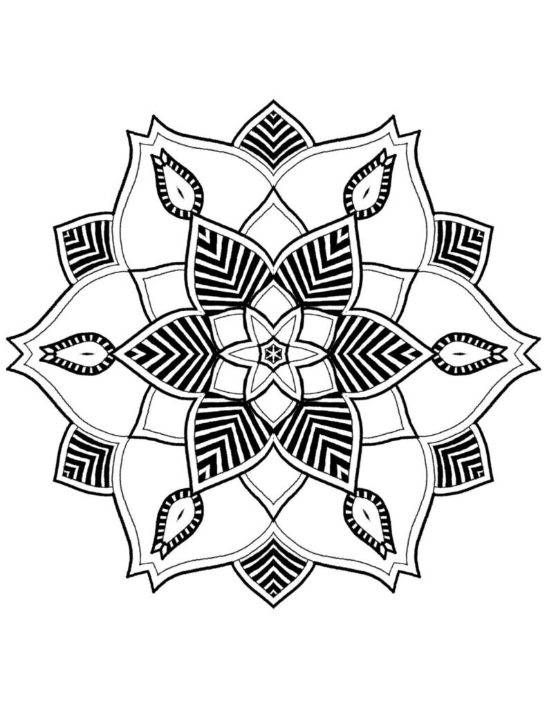 Symmetrical flower mandala with repeating patterns and intricate leaves, easy printable design for relaxation