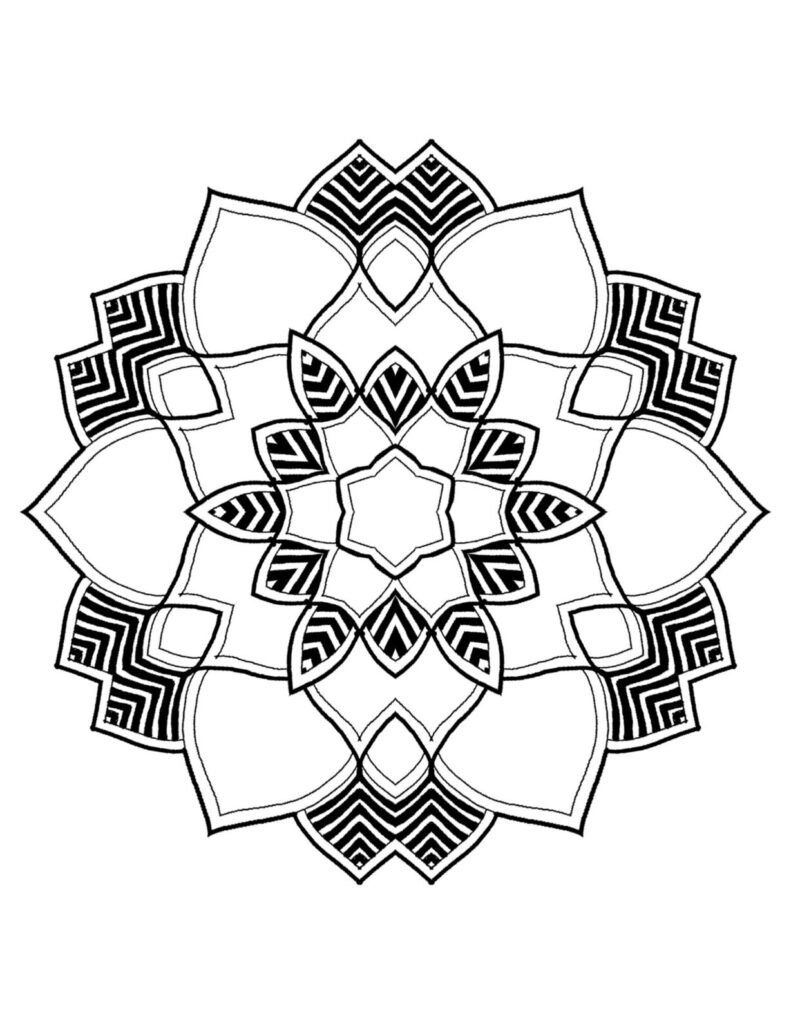 Symmetrical flower mandala with repeating patterns and open spaces, easy floral design for stress relief coloring