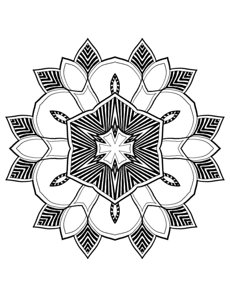 Bold geometric star mandala with radiating lines and leaf shapes, black and white printable art