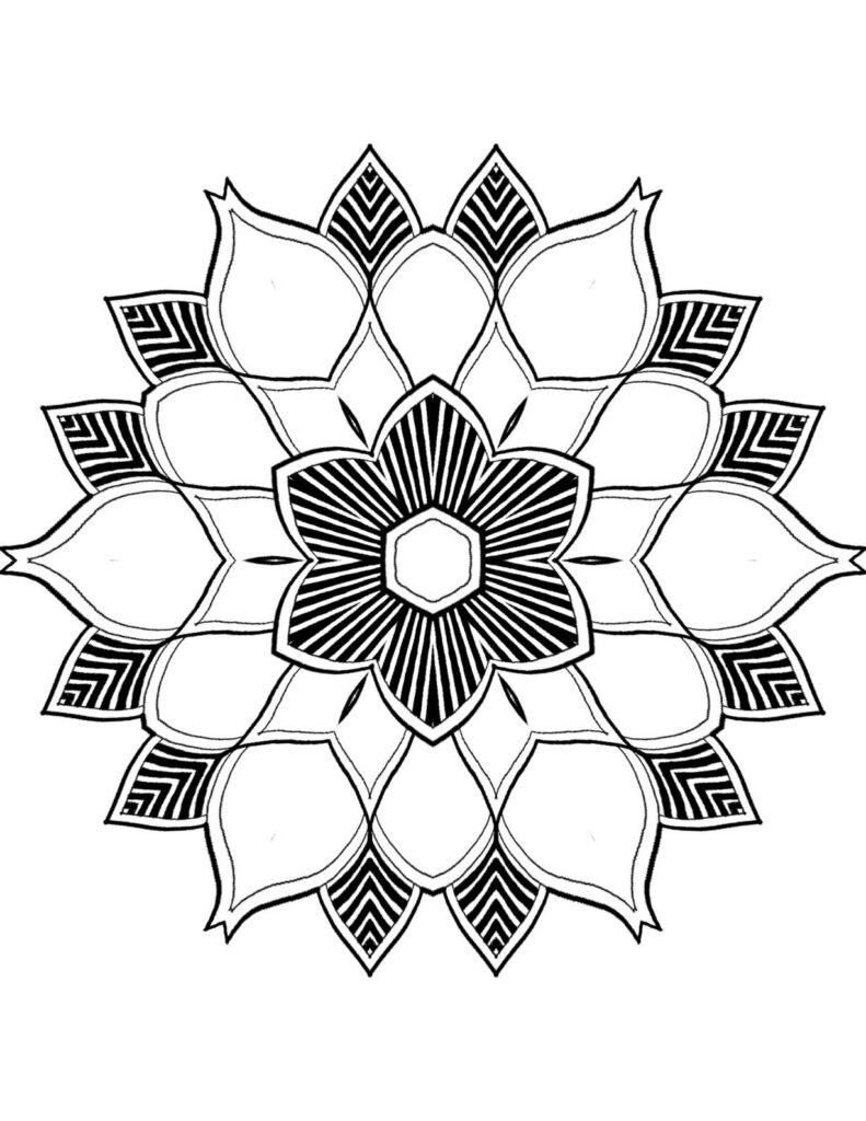 Symmetrical flower mandala with patterned petals, easy black and white outline for coloring, printable download