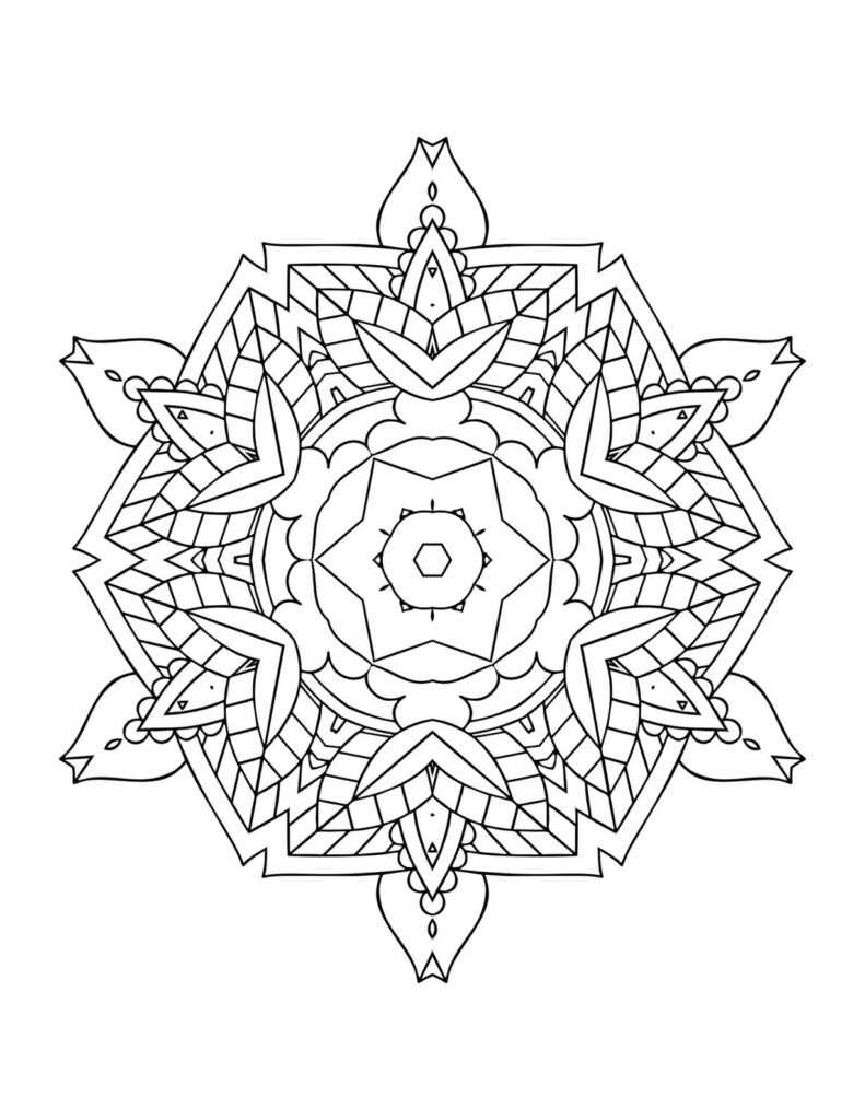 A black-and-white mandala design featuring intricate lotus-inspired patterns, symmetrical swirls, and delicate details, perfect for mindful coloring and artistic exploration.