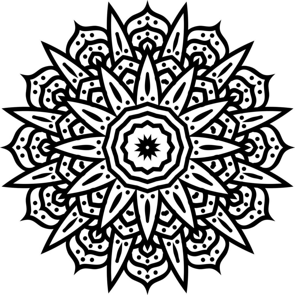 Symmetrical star-shaped mandala with radiating patterns and dotwork, complex black and white design for meditative coloring