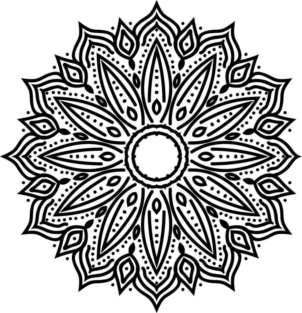 Symmetrical flower mandala with pointed petals, dot patterns, and central circle, intricate black and white design for adult coloring