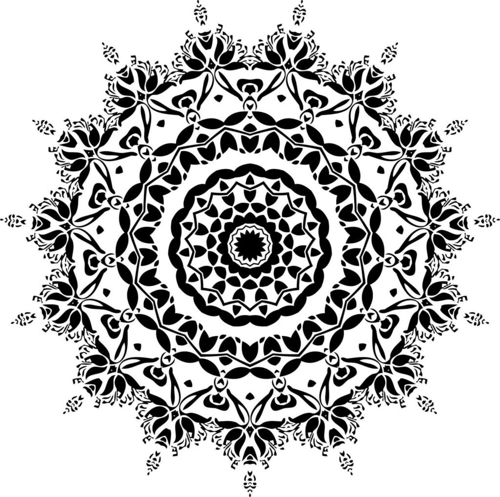 Intricate symmetrical mandala with layered floral patterns, dynamic black and white design for advanced adult coloring