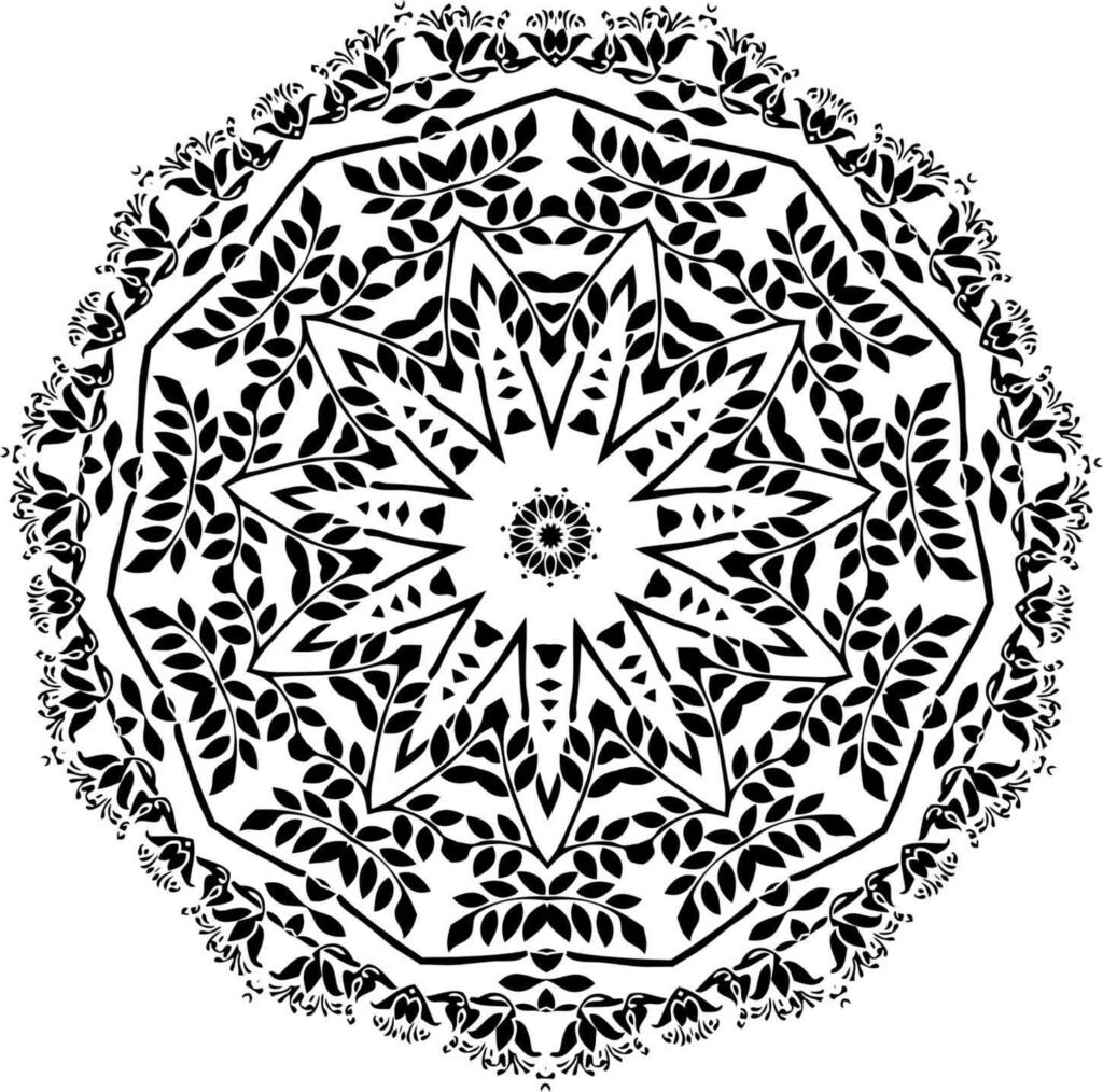 A black-and-white mandala design featuring intricate lotus-inspired patterns, symmetrical swirls, and delicate details, perfect for mindful coloring and artistic exploration