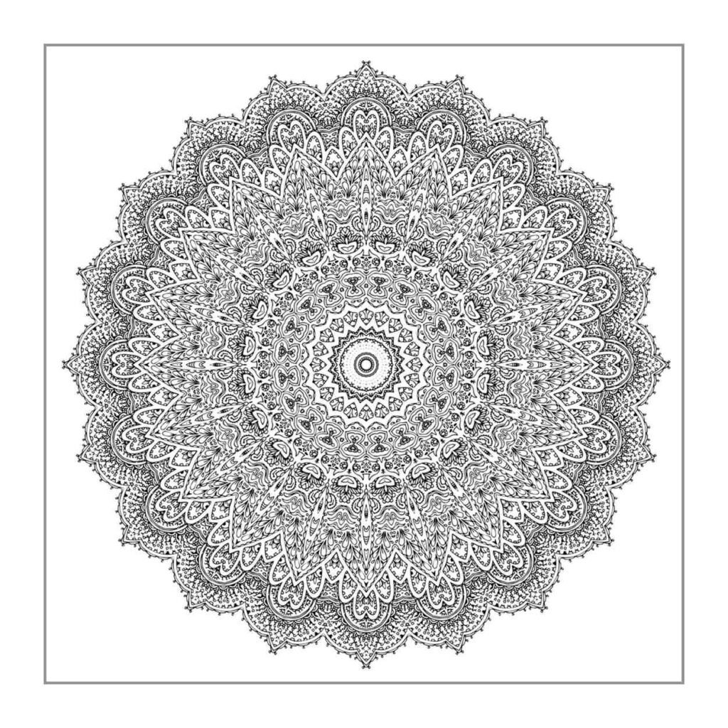 Extremely intricate, highly complex symmetrical mandala with dense patterns, advanced adult coloring page for mindfulness
