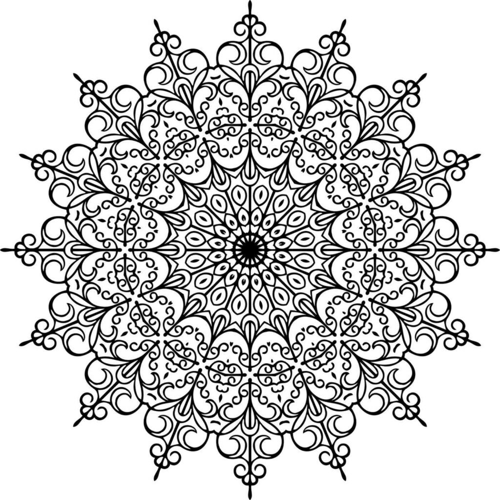 A black-and-white mandala design featuring intricate snowflake-inspired patterns, symmetrical swirls, and delicate details, perfect for mindful coloring and artistic exploration