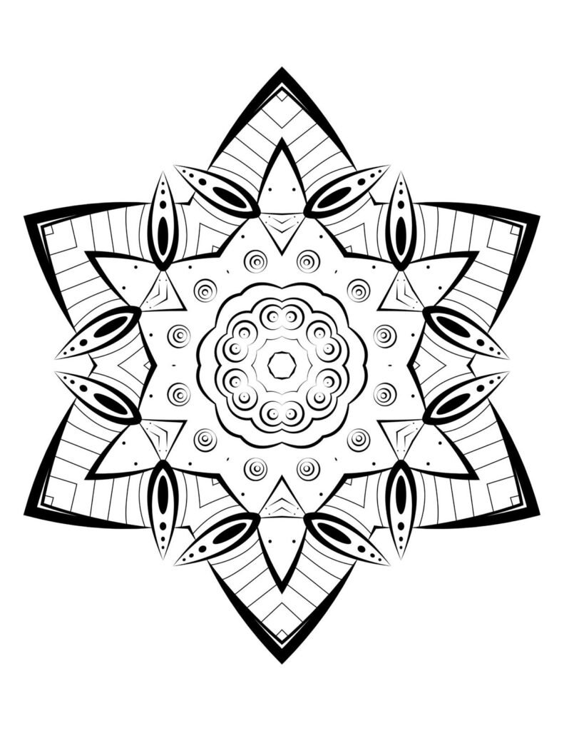 A black-and-white mandala design featuring bold triangular shapes, geometric patterns, and intricate details, perfect for modern coloring and creative exploration
