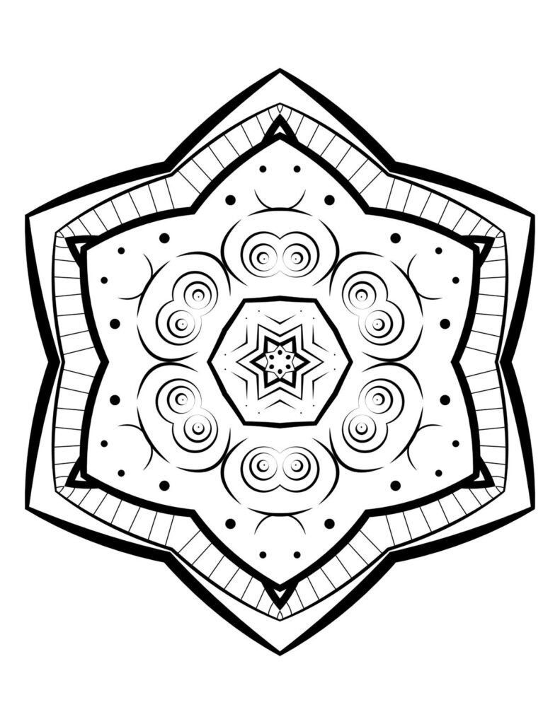 Symmetrical geometric mandala with star shapes, bold outlines, and dot patterns, easy black and white design for meditative coloring