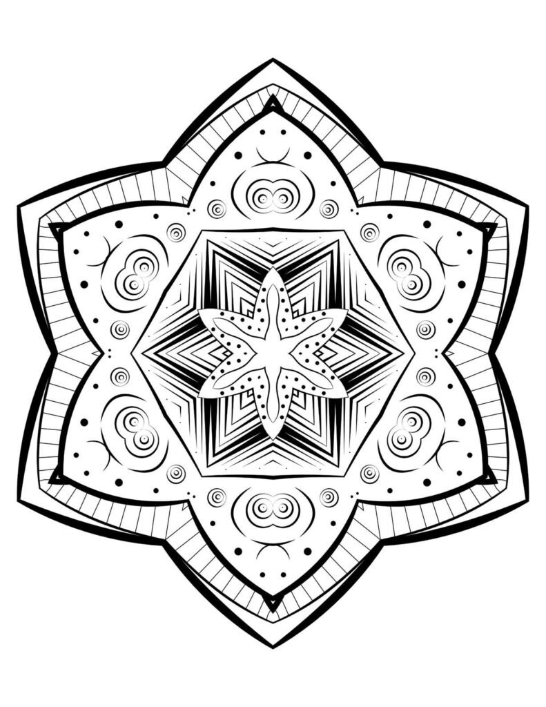 A black-and-white mandala design featuring bold triangular shapes, geometric patterns, and intricate details, perfect for creative coloring and artistic exploration