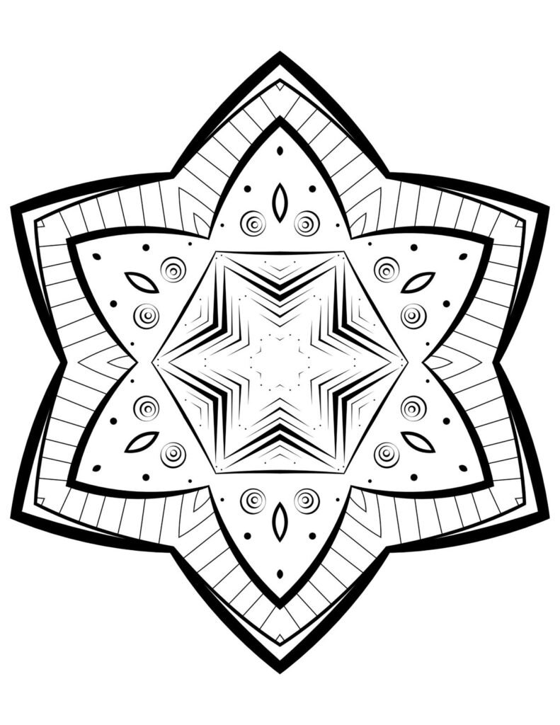 A black-and-white mandala design featuring bold triangular shapes, geometric patterns, and intricate details, perfect for creative coloring and artistic exploration