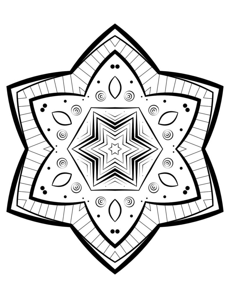 A black-and-white mandala design featuring bold triangular shapes, geometric patterns, and intricate details, perfect for creative coloring and artistic exploration