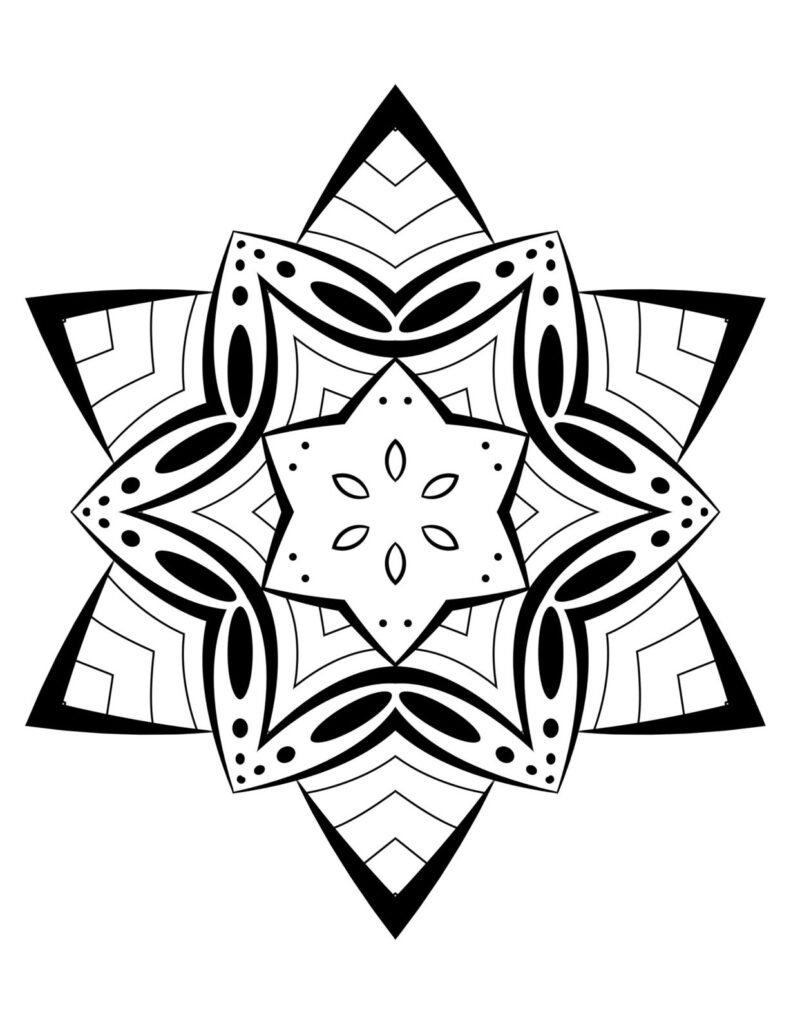 A black-and-white mandala design featuring bold triangular shapes, geometric patterns, and intricate details, perfect for creative coloring and artistic exploration