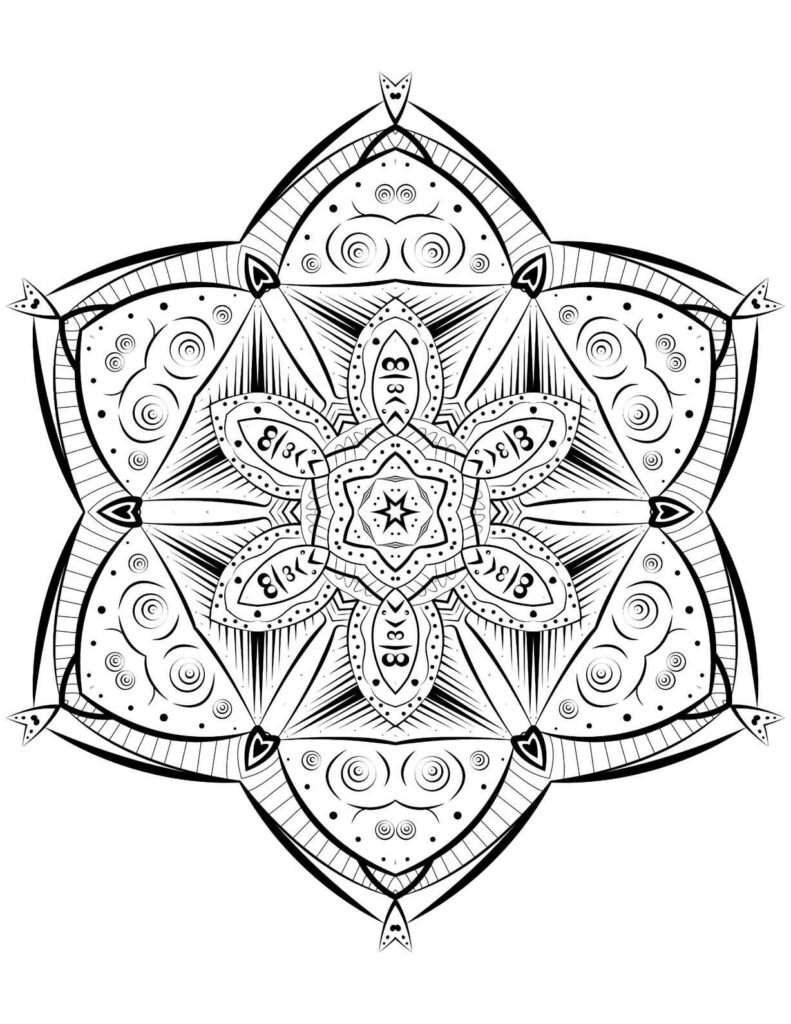A black-and-white mandala design featuring intricate triangular patterns, symmetrical swirls, and delicate details, perfect for mindful coloring and artistic inspiration