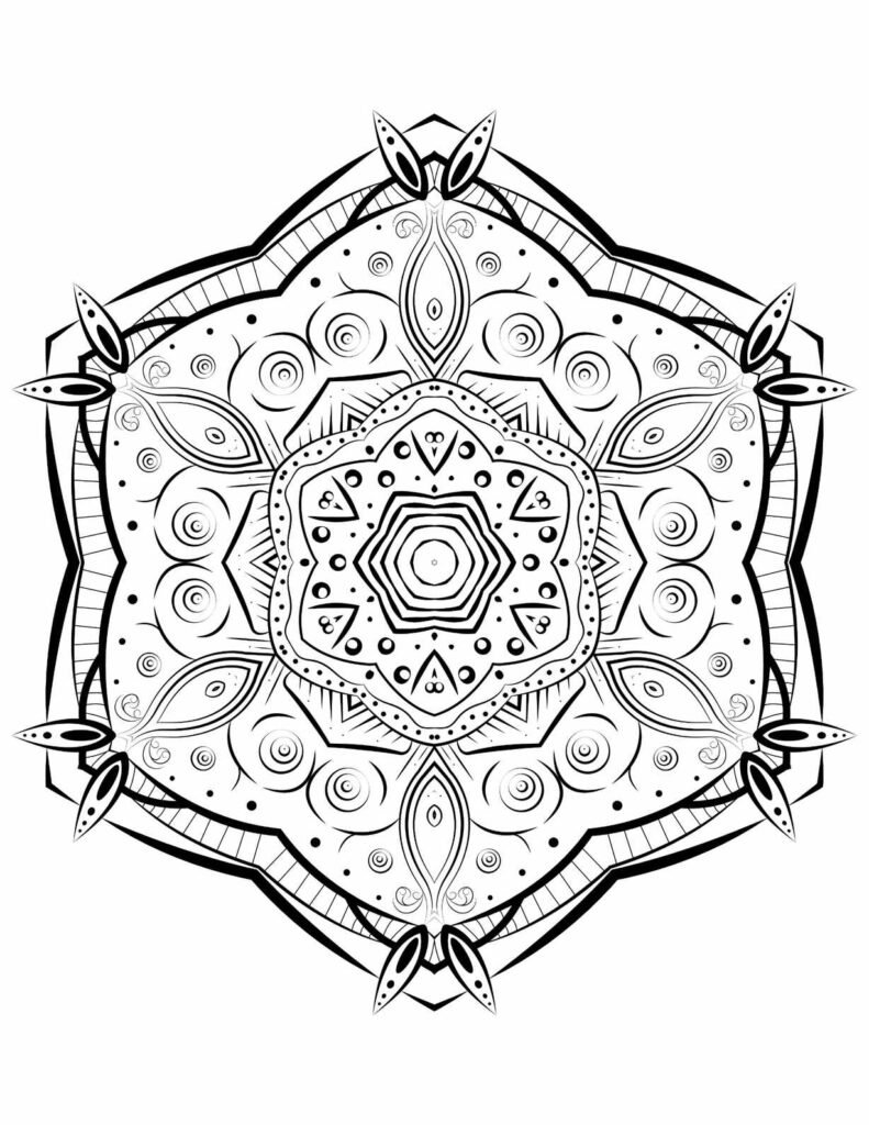 A black-and-white mandala design featuring intricate triangular patterns, symmetrical swirls, and delicate details, perfect for mindful coloring and meditation