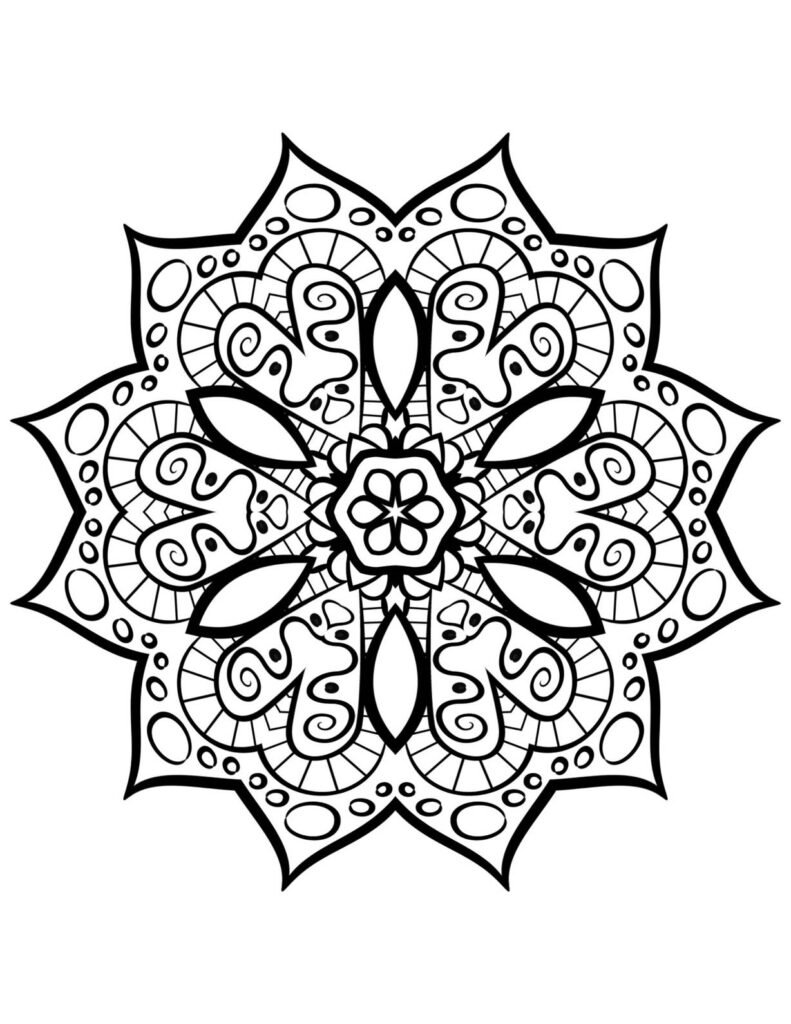 A black-and-white mandala design featuring intricate triangular patterns, symmetrical swirls, and delicate details, perfect for mindful coloring and meditation