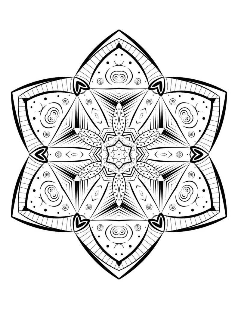 A black-and-white mandala design featuring intricate triangular patterns, symmetrical swirls, and delicate details, perfect for mindful coloring and meditation