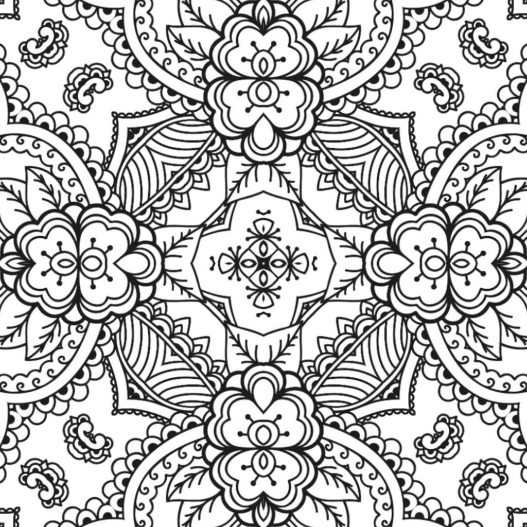 Symmetrical floral and leaf mandala coloring page, intricate nature patterns for mindfulness, stress relief art