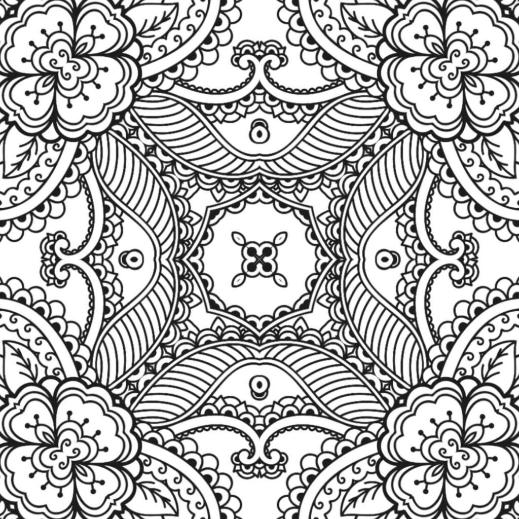Free printable mandala coloring page with intricate floral blossoms, detailed concentric layers, and delicate lace-like patterns for tranquil relaxation and mindfulness