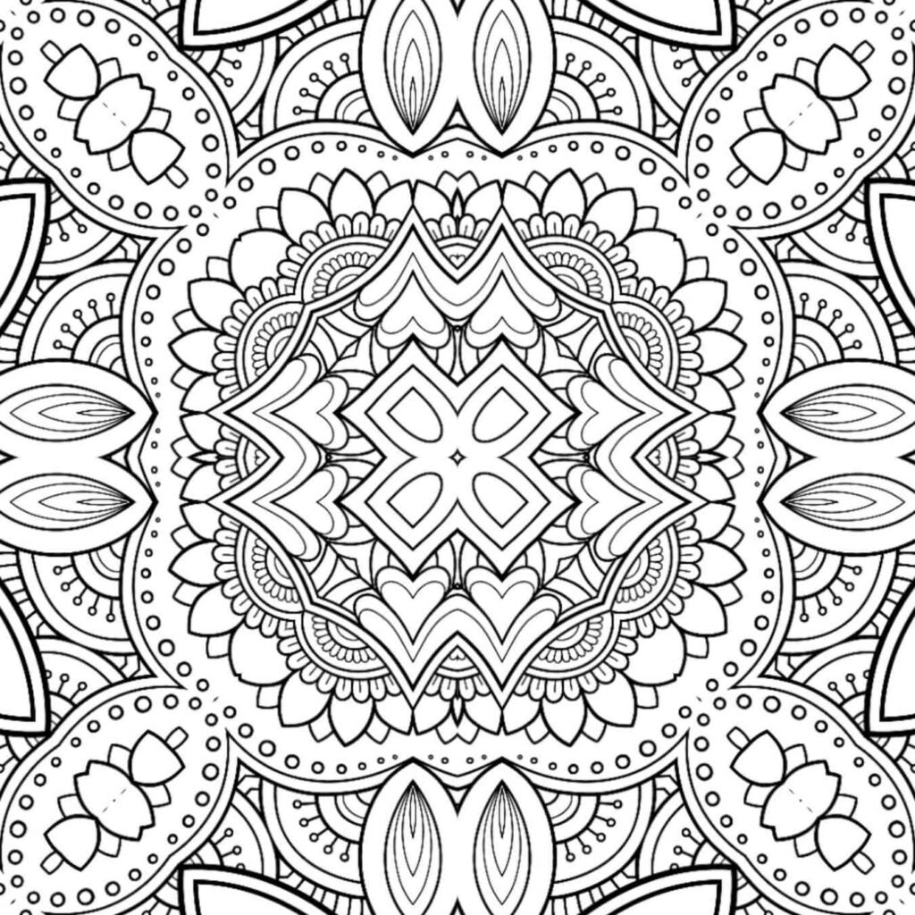Complex blooming geometry mandala coloring page with central diamond and floral patterns, free printable for detailed focus and creative mindfulness.