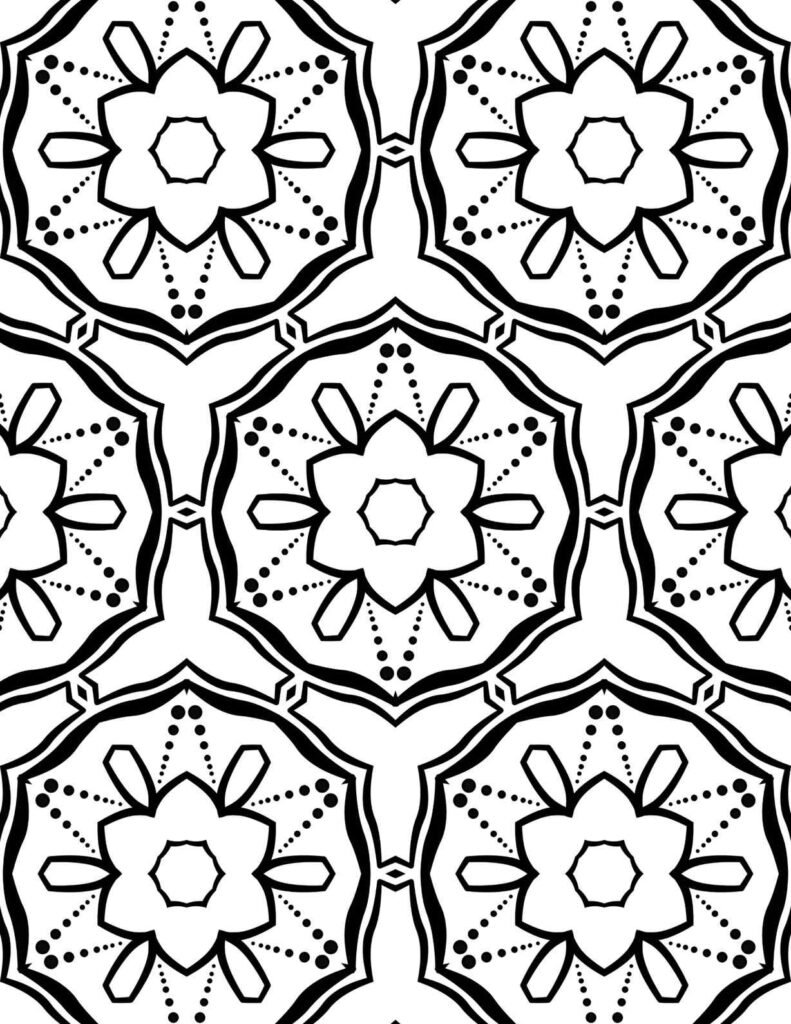 Symmetrical black and white mandala with repeating hexagonal flower centers and delicate dotted petal designs, ideal for mindful coloring.