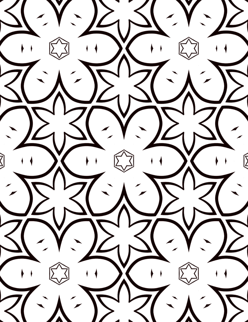 Repeating floral petal mandala pattern with central stars for coloring, artistic projects, and moments of mindful engagement, free download